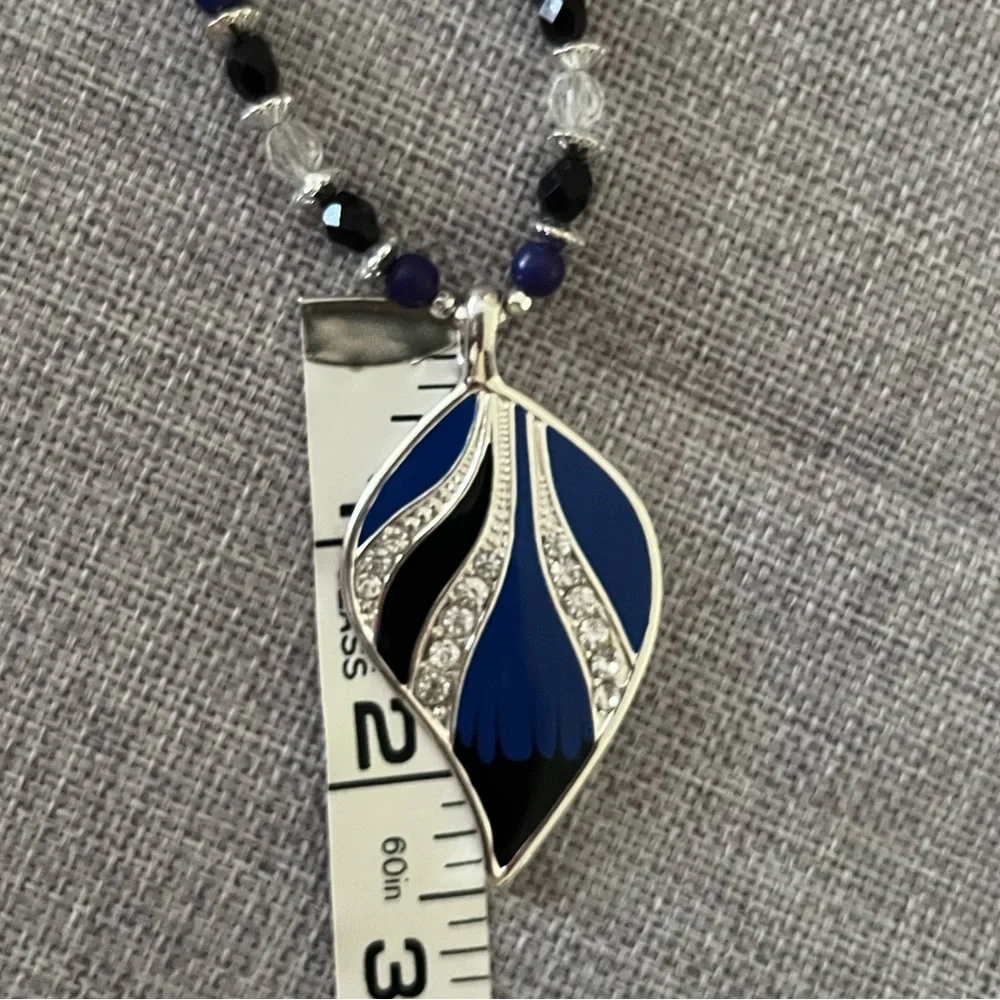 Statement Silver Chain with Blue & Silver Leaf Pendant Necklace